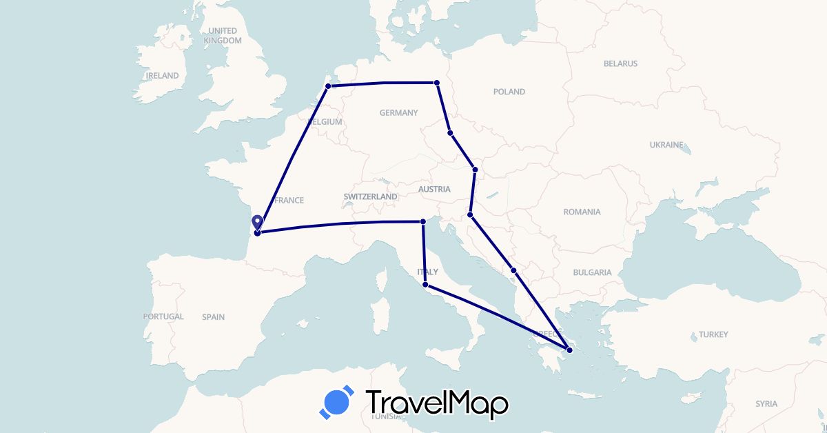 TravelMap itinerary: driving in Austria, Czech Republic, Germany, France, Greece, Croatia, Italy, Montenegro, Netherlands (Europe)